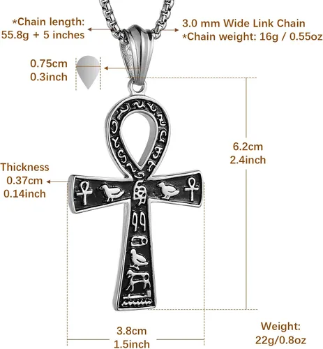 Miniatura 2 de HZMAN Colgante de cruz de Ankh grande de acero inoxidable símbolo jeroglífico egipcio antiguo de 222 pulgadas cadena Metal