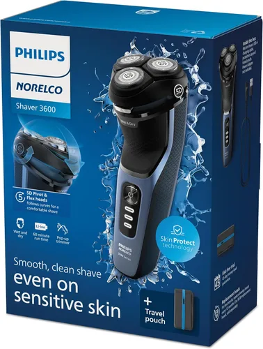 Miniatura 12 de Philips Norelco Shaver 3600 Series, afeitadora eléctrica en seco y húmedo, P-Cap, estuche de viaje, azul tormenta, modelo S3243/91