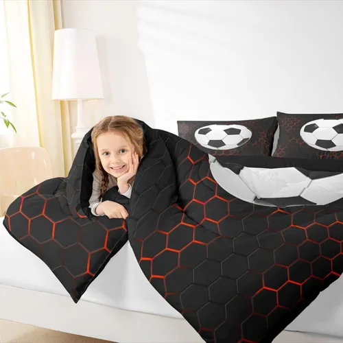 Miniatura 6 de Juego de edredón de panal negro y rojo para adolescentes, jóvenes y adultos, juego de ropa de cama de fútbol y fútbol, juegos de edredón hexagonales