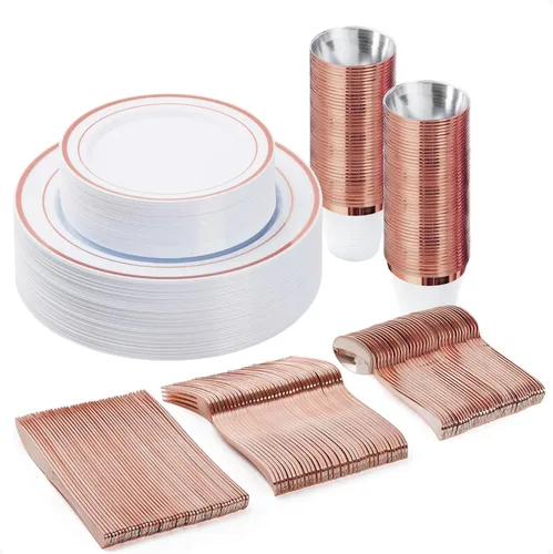Miniatura 12 de BESTVIP Juego de vajilla de 300 piezas de oro negro para 50 invitados, platos de plástico para fiesta de Halloween y Navidad, 50 platos desechables