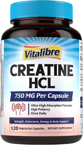 Vitalibre Cápsula de creatina HCl, 750 mg de clorhidrato de creatina de alta absorción, resistencia, fuerza, absorción rápida, sin carga, sin