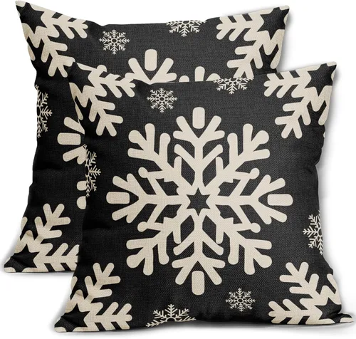 Miniatura 17 de Fundas de almohada decorativas de Navidad negras 40x40 cm con copos de nieve blancos de Navidad, juego de 2, temática rústica de invierno