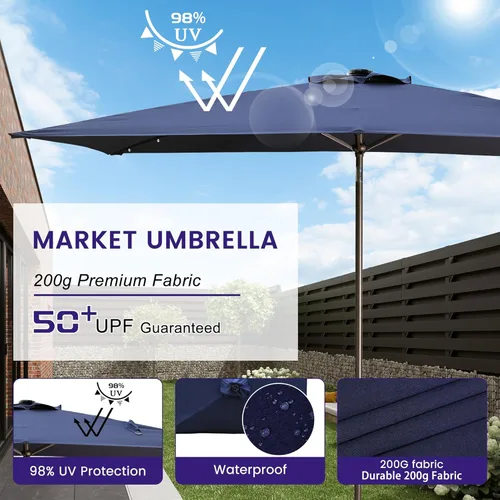 Miniatura 5 de MONDAWE Paraguas rectangular de mercado con luces LED solares de 10 x 6.5 pies para exteriores, sombrilla de patio con manivela, sombrilla de mesa