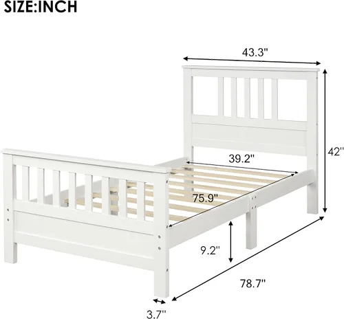 Miniatura 2 de Polibi Cama de plataforma de madera de tamaño individual con cabecero, estribo, listones de madera, no necesita somier (blanco)