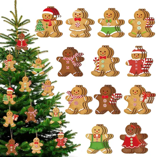 Miniatura 8 de Ferraycle 36 adornos navideños de pan de jengibre, decoraciones de árbol de Navidad, decoraciones de 3 pulgadas, adornos colgantes de madera