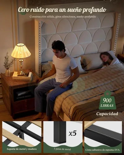 Miniatura 3 de OHOHOLIVE Marco de cama tamaño Queen con cabecero de 56 pulgadas, marco de cama tapizado de terciopelo con plataforma con respaldo de alas, sin Crema