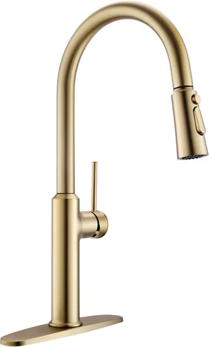 Grifos para fregadero de cocina, oro cepillado, grifo de cocina de arco alto con rociador extraíble, grifos de cocina altos de latón macizo de 19