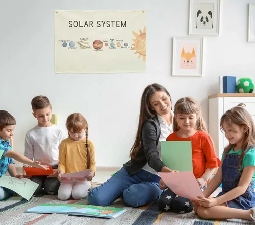 Miniatura 2 de Banner de aula de sistema solar, planeta espacial en lienzo de algodón beige para escuela en casa, jardín de infantes, guardería y decoración