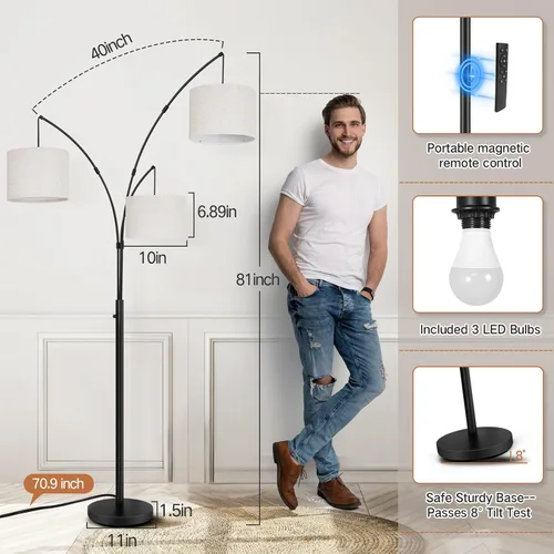 Miniatura 5 de OUTON Lámpara de pie LED de arco con control remoto, lámpara de pie alta arqueada regulable moderna de 3 luces en negro, lámparas de pie ajustables