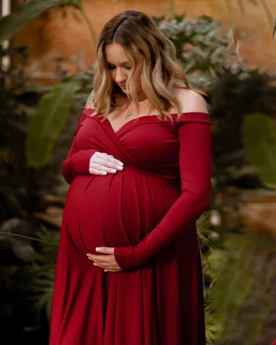 Miniatura 7 de Saslax - Vestido de noche de maternidad con hombros descubiertos, corte de medio círculo, para baby shower, fotos