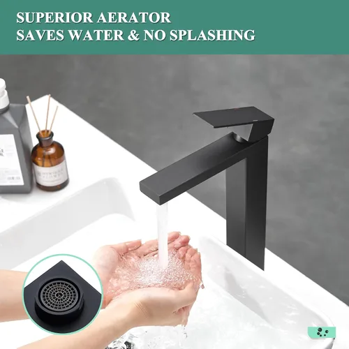 Miniatura 2 de Tohlar Grifo de lavabo de recipiente negro, grifo de baño alto, moderno grifo de fregadero negro de una sola manija para montaje en cubierta de 1