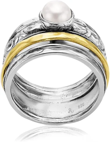 Miniatura 6 de 925 Sterling Silver14K Gold Plated Silver Spinner Ring Unisex, Bold Hammered BeadedFreshwater Pearl Floral Etched and Hammered, Oxidized