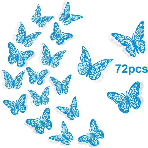 Decoración de pared de mariposa 3D, 72 piezas, 3 estilos, 3 tamaños, mariposas azules para fiestas, cumpleaños, decoraciones de pasteles,