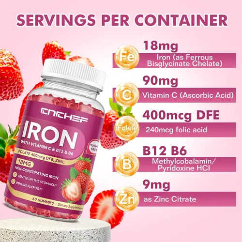Miniatura 3 de Suplemento de hierro para mujeres y hombres, suplemento multivitamínico de hierro constructor de sangre con folato, vitamina C, B12, B6, zinc