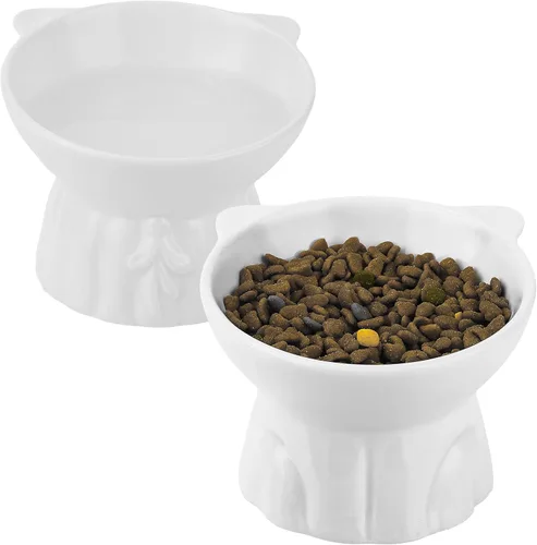 Paquete de 2 cuencos elevados para gatos, platos elevados de cerámica para alimentos y agua para gatos, diseño extra ancho y poco profundo, Blanco