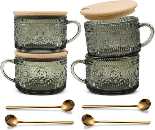 Miniatura 10 de Tazas de café de vidrio vintage, juego de 2 tazas de té de cristal en relieve de 14 onzas para desayuno, postre, capuchino, latte, cereales, yogur
