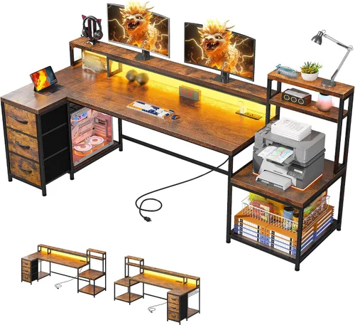 Miniatura 11 de Escritorio para juegos en forma de L de 71 pulgadas con 3 cajones y estante superior, escritorio para computadora con soporte para monitor y toma