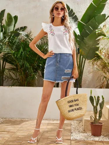 Miniatura 5 de WDIRARA - Blusa a rayas con volantes, manga casquillo y cuello en V con muesca para mujer