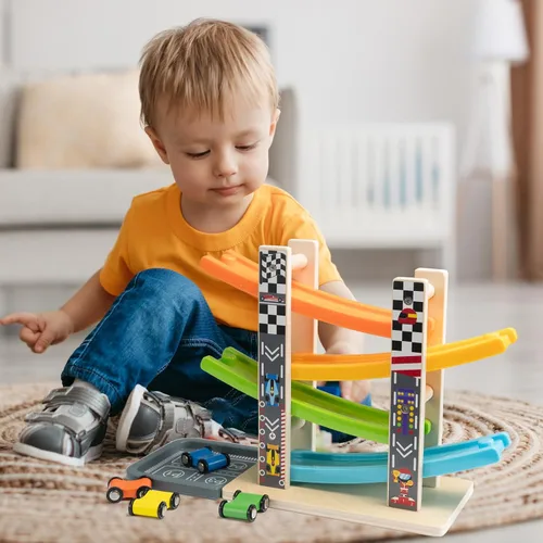 Miniatura 3 de Wood City Set de Juguetes de Rampa y Carrera de Coches de Madera con 4 Coches en Miniatura y Pistas de Carrera, Juguetes para Niños de 1, 2, 3 Años