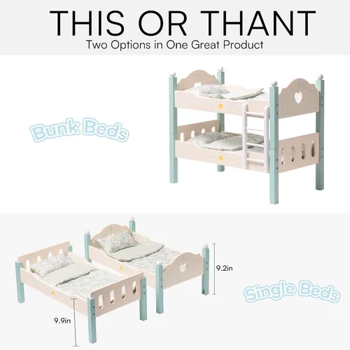 Miniatura 8 de ROBOTIME Literas de muñeca de bebé, cunas de madera para muñecas de 18 pulgadas, cama apilable para muñecas de muñeca para muñecas americanas