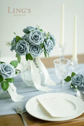 Miniatura 3 de Ling's moment Flores artificiales, 50 rosas azules polvorientas decorativas con tallos, 3 pulgadas de tacto real de espuma floral para ramo de boda