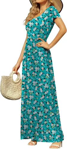 Miniatura 4 de DB MOON - Vestido largo de manga corta para mujer, vestido informal de cintura imperio, con bolsillos