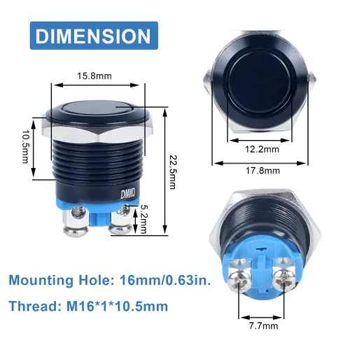 Miniatura 3 de Paquete de 2 interruptores de botón momentáneos de metal de 0.630 in, impermeables, IP66, terminales de tornillo antivandálicos de 12 V, 24 V, 36 V
