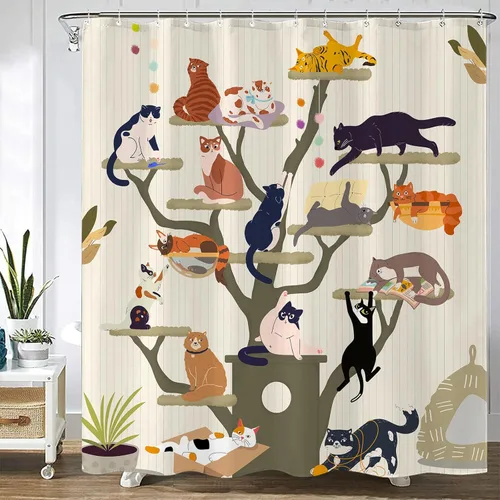 Cortina de Ducha Divertida de Gato Lindo Divertido Árbol de Gato de Dibujos Animados Cortinas de Ducha para Baño Boho Anime Gatitos Niños Granja