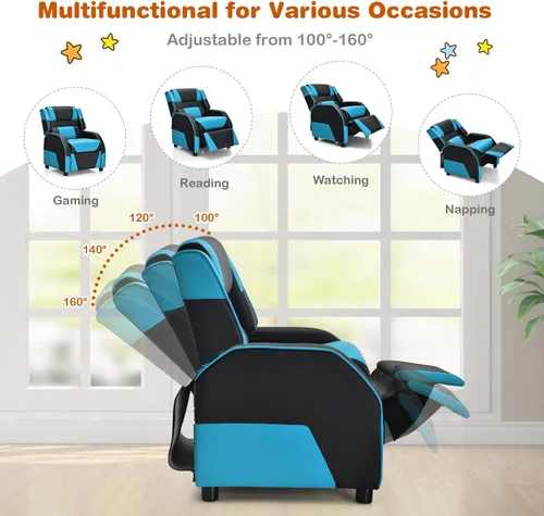 Miniatura 4 de Giantex Silla reclinable para niños, silla reclinable para juegos con reposapiés, reposacabezas y soporte lumbar, silla ergonómica de cuero para Azul