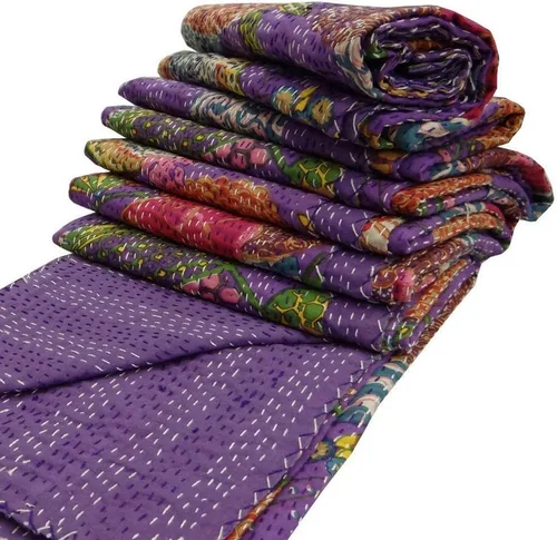 Miniatura 10 de Sophia-Art Colcha reversible de frutas indias para cama individual/king con patrón Gudri de algodón puro estilo Kantha, colcha decorativa con Rosa