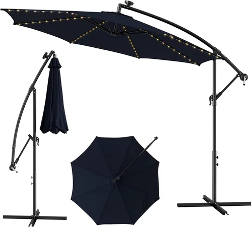 Miniatura 10 de Tangkula Sombrilla solar de 10 pies, sombrilla colgante inclinada en voladizo con 112 luces LED de lluvia de meteoros, con manivela, sombrilla
