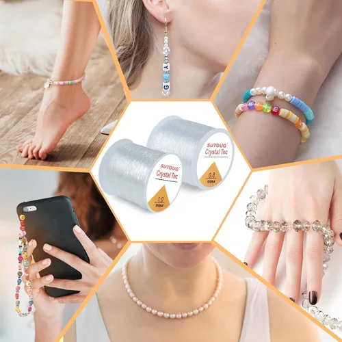 Miniatura 6 de Cuerda elástica de 0.031 in y 0.039 in para pulseras, 2 rollos de cuerda elástica fuerte para hacer joyas, cordón de cuentas de cristal transparente
