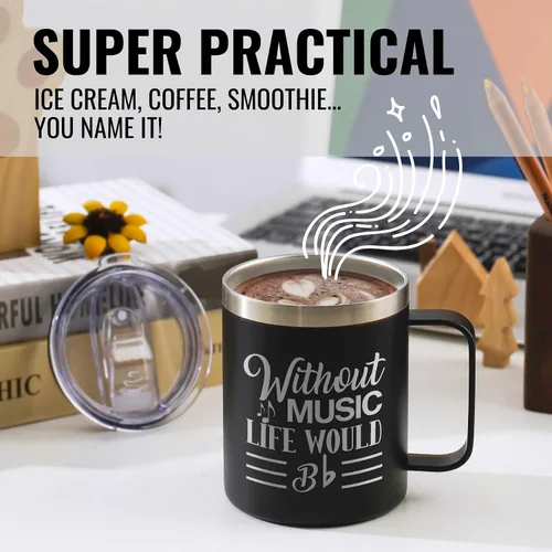 Miniatura 2 de Onebttl Regalos para Amantes de la Música para Hombres, Masculino, Para Él - Sin Música la Vida Sería Plana - 12 oz / 350 ml Tazas Aisladas con Tapa