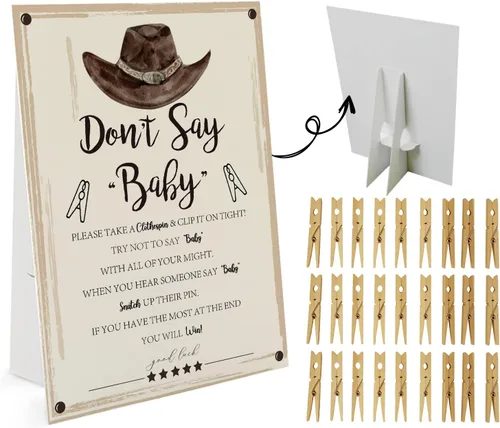 Cowboy Don't Say Baby Game (1 letrero y 50 mini pinzas naturales para la ropa) Juego de Don't Say Baby Shower, decoraciones de baby shower, juegos
