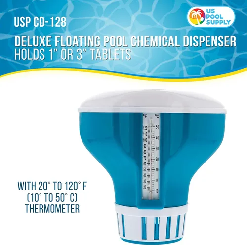 Miniatura 2 de U.S. Pool Supply Dispensador de cloro flotante grande para piscina con termómetro de 120 ° F, 7 pulgadas de diámetro, capacidad para tabletas de 3