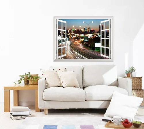 Miniatura 2 de Adhesivo de pared extraíble/mural de pared, semáforos de ciudad borrosa por la noche, decoración creativa de pared con vista de ventana, 24 x 32
