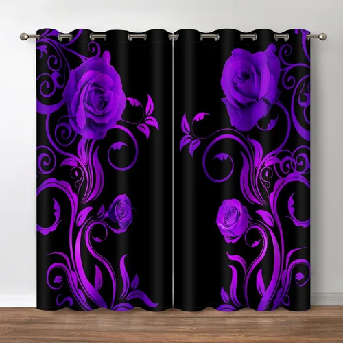 Jekeno - Cortinas opacas con flores de rosa, patrón de rosas negras y moradas, cortinas para la privacidad, para el hogar, dormitorio, apartamento,