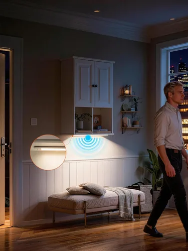 Miniatura 7 de HAIOOU Armario de pared de baño con luz LED con sensor de movimiento, armario de madera para medicamentos, armario de almacenamiento sobre inodoro