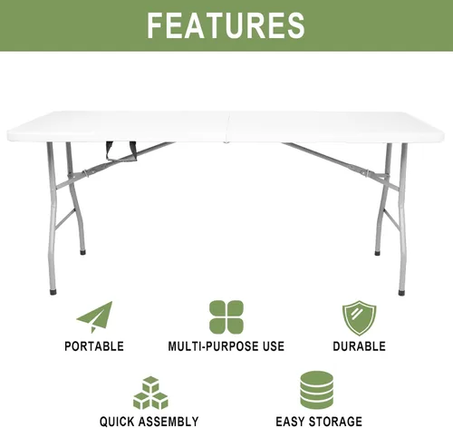 Miniatura 5 de Mesa plegable de plástico de 6 pies, mesa de picnic portátil al aire libre, para campamento, fiesta, boda, picnic, con cerradura, asa, color blanco