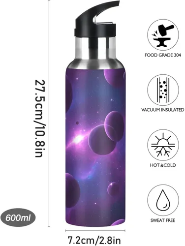 Miniatura 9 de Stainless Steel Vacuum Insulated Water Bottle 20 Oz, BPA-Free Sport Water Bottle for Gym Outdoor Travel School, Cosmic Scene Purple Planets