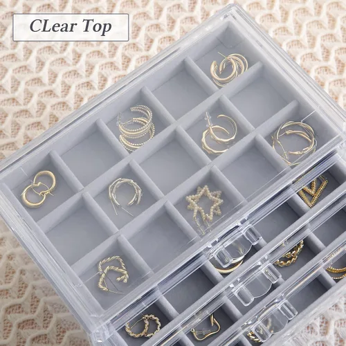 Miniatura 2 de misaya Organizador de aretes de acrílico con 75 ranuras, 5 cajones, organizador de joyas transparente solo para aretes, regalo para mamá, gris