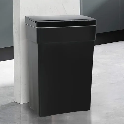 Bote de basura de plástico negro de 13 galones con tapa, 50 litros, sensor sin contacto, tecnología de detección automática, fácil de limpiar,