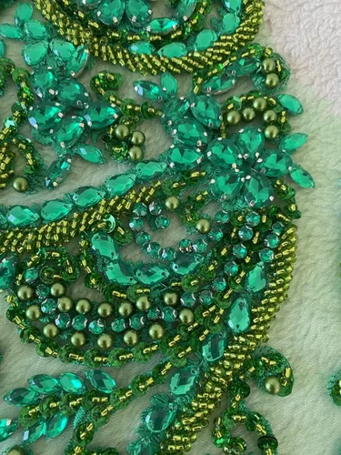 Miniatura 4 de Apliques de encaje hechos a mano con diamantes de imitación para coser en cuentas y lentejuelas para accesorios de ropa de vestido, (verde)