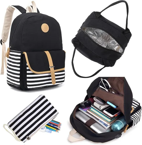 Miniatura 7 de Mochila escolar para adolescentes y mujeres, lindo juego de mochila universitaria de lona a rayas con bolsa de almuerzo, bolsa para lápices