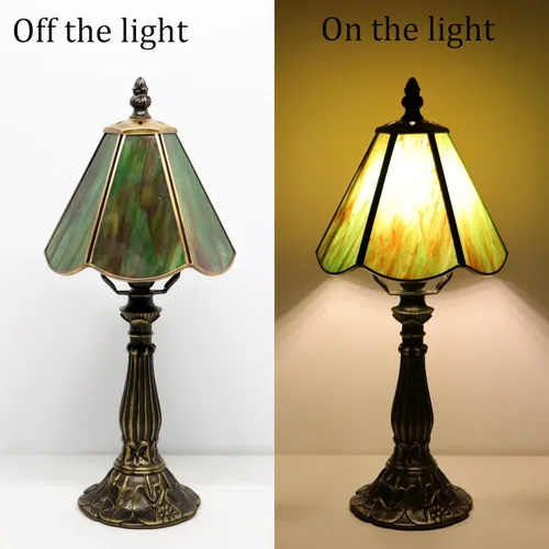 Miniatura 4 de Small Tiffany Table Lamp Amber Green Stained Glass Desk Lamps 6X6X14 Inch Bronze Resin Base Antique Mini Accent Light