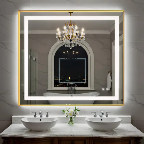 Miniatura 15 de Espejo de baño LED de 24 x 32 pulgadas con luces, espejo de tocador de baño con marco negro con luz frontal + retroiluminación para pared, vidrio