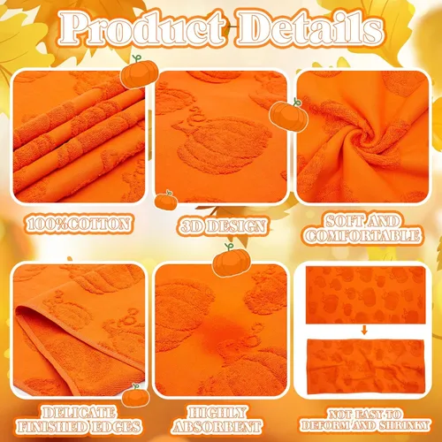 Miniatura 3 de Remagr Paquete de 4 toallas de mano 3D de calabaza jacquard para baño, algodón jacquard, absorbente, otoño, Acción de Gracias, naranja y amarillo