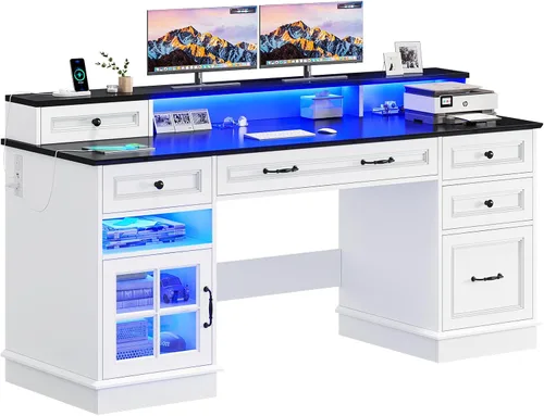 Miniatura 8 de BTHFST Escritorio ejecutivo con cajón de archivos, escritorio para computadora con soporte para monitor, escritorio de oficina en casa con cajones