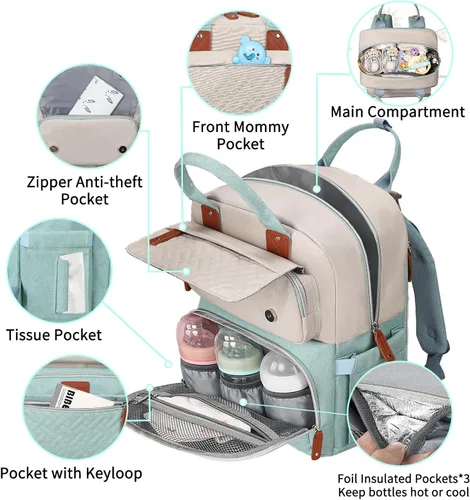 Miniatura 5 de Legestori Mochila para pañales, bolsa de pañales para bebé niña con bolsillos aislados y correas para cochecito, Verde, Grande, Casual