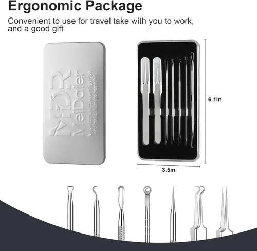 Miniatura 9 de Kit de eliminación de puntos negros, extractor de comedona de acné de acero inoxidable con lupa 10X y 20 almohadillas de alcohol al 75%, eliminación